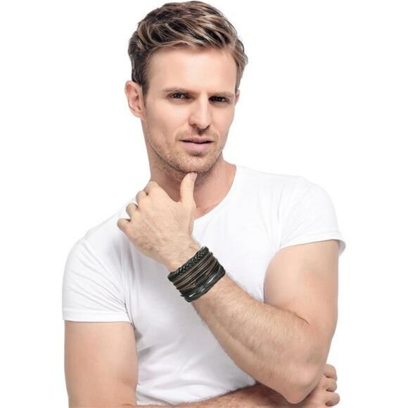 Mens Leather Beaded Bracelets Set Adjustable Braided Wood Jewelry 12 Pack - Picture 6 of 8